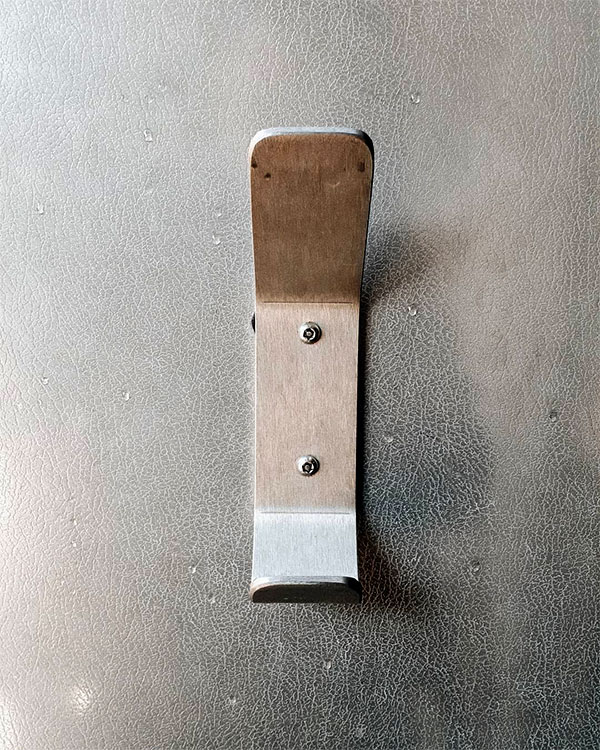 A double hook made of metal, riveted to a door. Found on a public bathroom in Lyon, France, 2020.