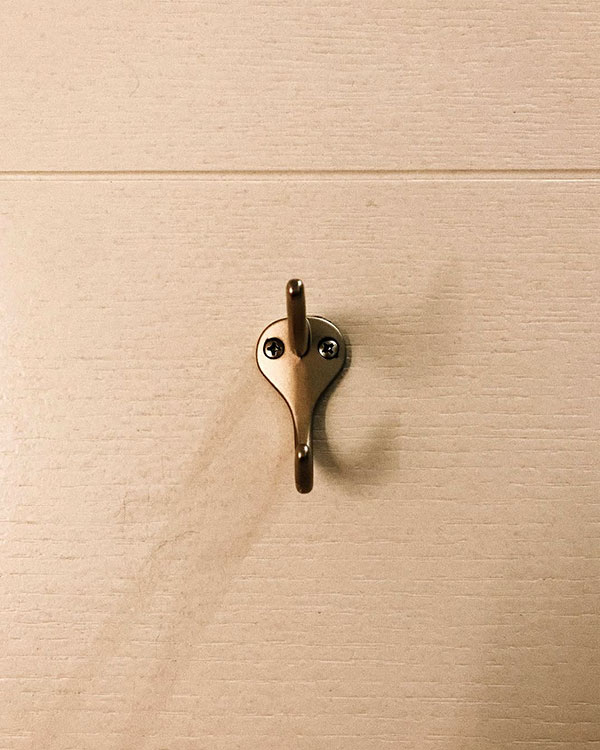 A double hook made of metal, brass, screwed to a door. Found on a private home in New York, USA, 2022.