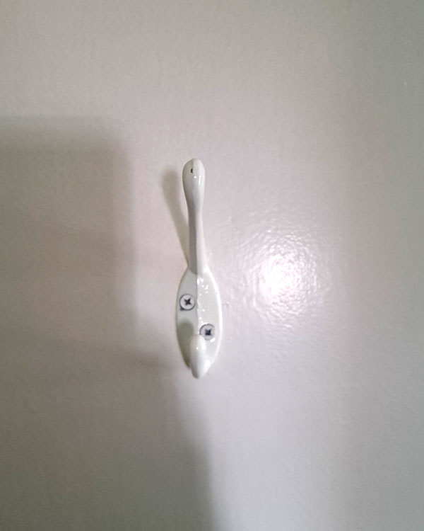 A double hook made of metal, white powder, screwed to a door. Found on a private home near NY, USA, 2025.