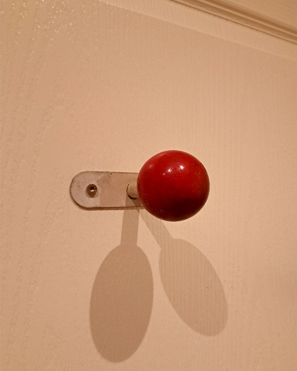 A single hook made of metal and wood, paint, screwed to a door. Found on a hotel in Arles, France, 2025.